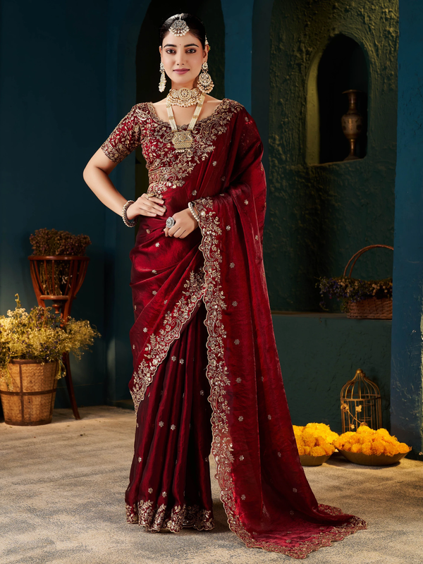 Women's Traditional Party Wear Silk Saree with Embroidered Blouse & Hand Work Lace Border