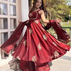 Women's Embroidered Flared Kurta with Palazzo Pant & Dupatta Set