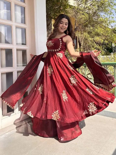 Women's Embroidered Flared Kurta with Palazzo Pant & Dupatta Set