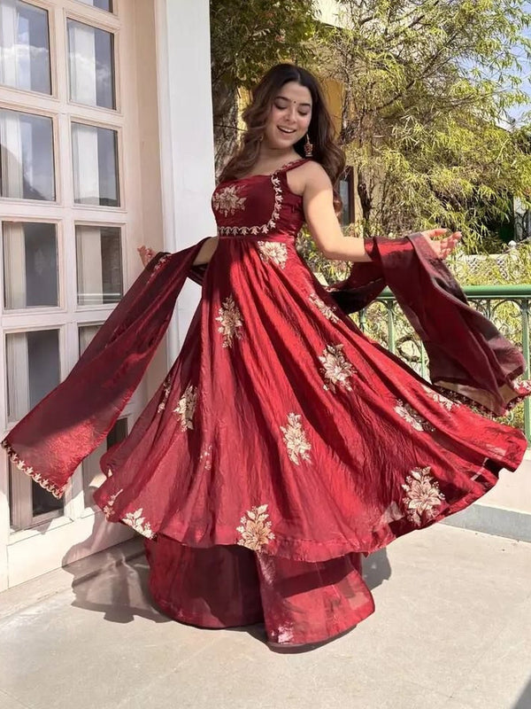 Women's Embroidered Flared Kurta with Palazzo Pant & Dupatta Set