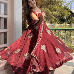 Women's Embroidered Flared Kurta with Palazzo Pant & Dupatta Set