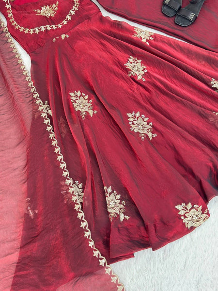 Women's Embroidered Flared Kurta with Palazzo Pant & Dupatta Set