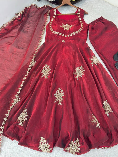 Women's Embroidered Flared Kurta with Palazzo Pant & Dupatta Set