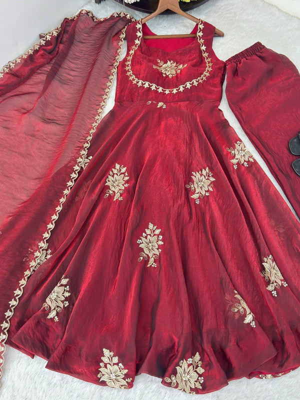 Women's Embroidered Flared Kurta with Palazzo Pant & Dupatta Set
