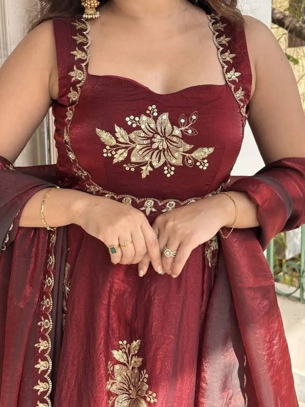 Women's Embroidered Flared Kurta with Palazzo Pant & Dupatta Set