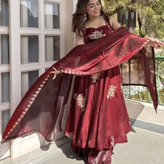 Women's Embroidered Flared Kurta with Palazzo Pant & Dupatta Set
