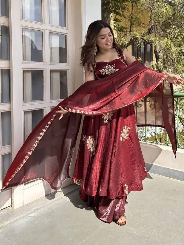 Women's Embroidered Flared Kurta with Palazzo Pant & Dupatta Set
