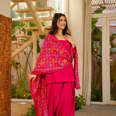 Women’s Silk Crepe Kurti With Patiala Gharara & Printed Chinnon Dupatta Set