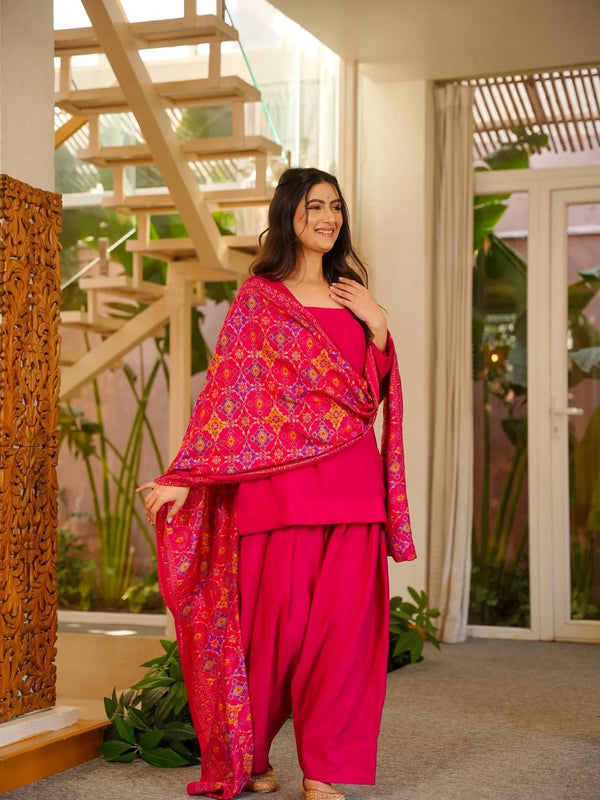Women’s Silk Crepe Kurti With Patiala Gharara & Printed Chinnon Dupatta Set
