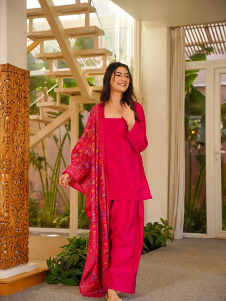 Women’s Silk Crepe Kurti With Patiala Gharara & Printed Chinnon Dupatta Set