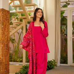 Women’s Silk Crepe Kurti With Patiala Gharara & Printed Chinnon Dupatta Set