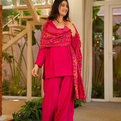 Women’s Silk Crepe Kurti With Patiala Gharara & Printed Chinnon Dupatta Set
