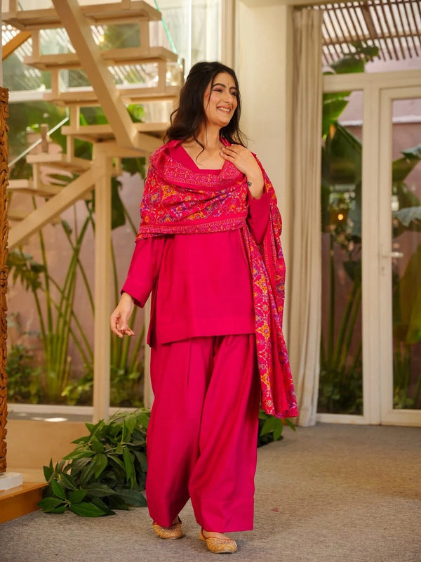 Women’s Silk Crepe Kurti With Patiala Gharara & Printed Chinnon Dupatta Set