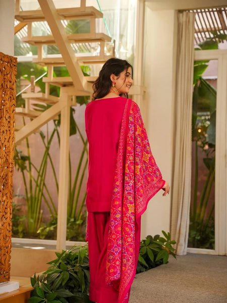 Women’s Silk Crepe Kurti With Patiala Gharara & Printed Chinnon Dupatta Set