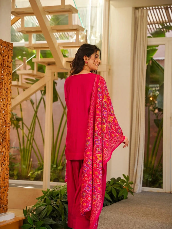 Women’s Silk Crepe Kurti With Patiala Gharara & Printed Chinnon Dupatta Set