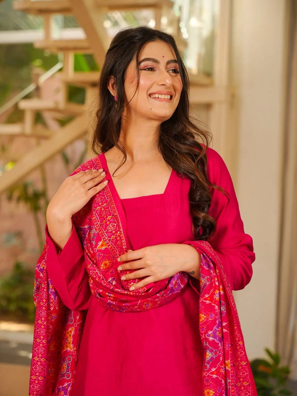 Women’s Silk Crepe Kurti With Patiala Gharara & Printed Chinnon Dupatta Set