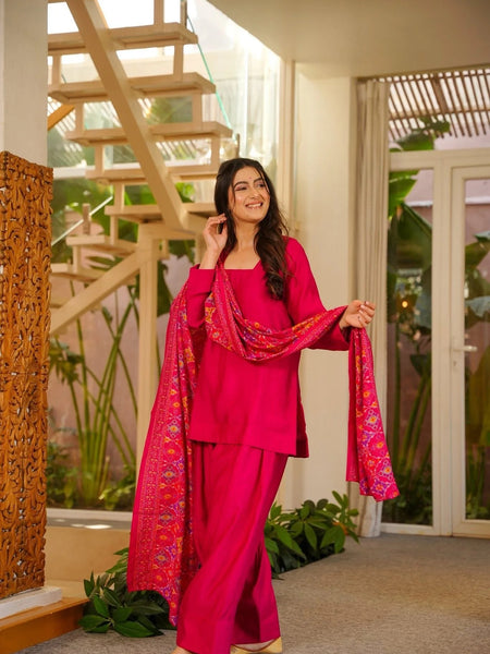 Women’s Silk Crepe Kurti With Patiala Gharara & Printed Chinnon Dupatta Set