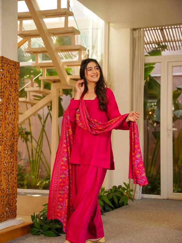 Women’s Silk Crepe Kurti With Patiala Gharara & Printed Chinnon Dupatta Set