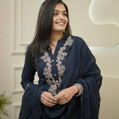 Women's Rayon Slub Embroidered Kurta with Pant & Chanderi Cotton Dupatta Set