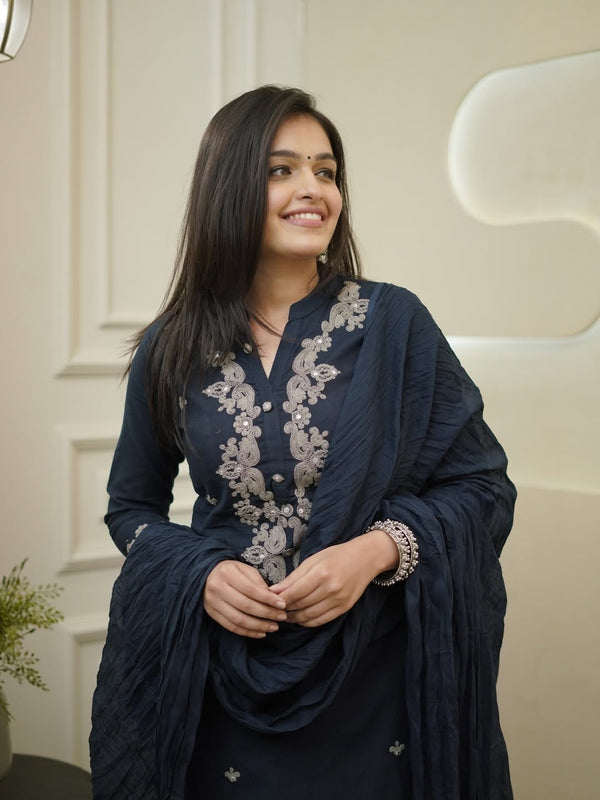 Women's Rayon Slub Embroidered Kurta with Pant & Chanderi Cotton Dupatta Set