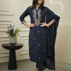 Women's Rayon Slub Embroidered Kurta with Pant & Chanderi Cotton Dupatta Set