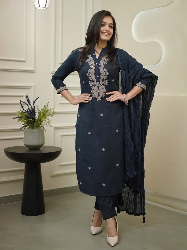 Women's Rayon Slub Embroidered Kurta with Pant & Chanderi Cotton Dupatta Set