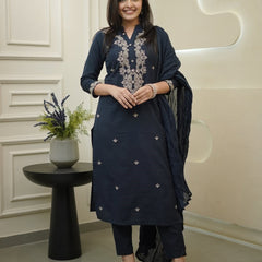 Women's Rayon Slub Embroidered Kurta with Pant & Chanderi Cotton Dupatta Set