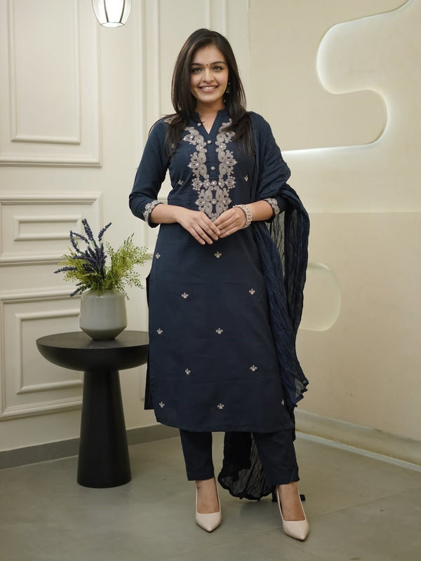 Women's Rayon Slub Embroidered Kurta with Pant & Chanderi Cotton Dupatta Set