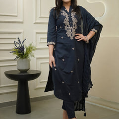 Women's Rayon Slub Embroidered Kurta with Pant & Chanderi Cotton Dupatta Set