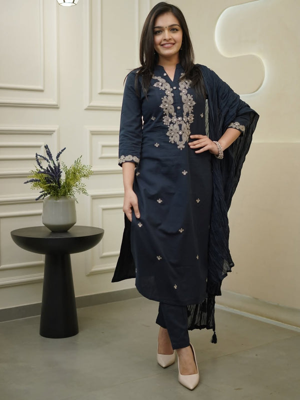 Women's Rayon Slub Embroidered Kurta with Pant & Chanderi Cotton Dupatta Set