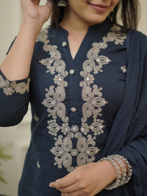 Women's Rayon Slub Embroidered Kurta with Pant & Chanderi Cotton Dupatta Set