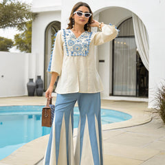 Women’s Rayon Slub Embroidered Short Kurti with Flared Palazzo Set