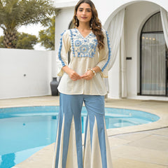 Women’s Rayon Slub Embroidered Short Kurti with Flared Palazzo Set
