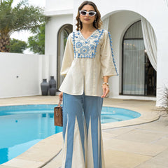 Women’s Rayon Slub Embroidered Short Kurti with Flared Palazzo Set