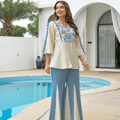 Women’s Rayon Slub Embroidered Short Kurti with Flared Palazzo Set