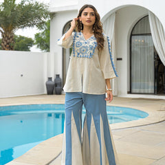 Women’s Rayon Slub Embroidered Short Kurti with Flared Palazzo Set