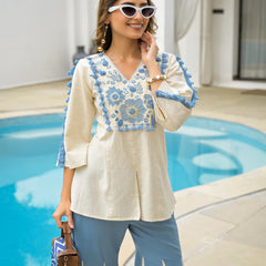 Women’s Rayon Slub Embroidered Short Kurti with Flared Palazzo Set