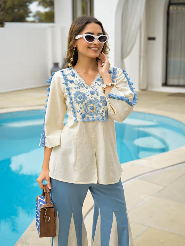 Women’s Rayon Slub Embroidered Short Kurti with Flared Palazzo Set