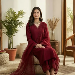 Premium Silk Blend Ethnic Suit Set With Organza Dupatta