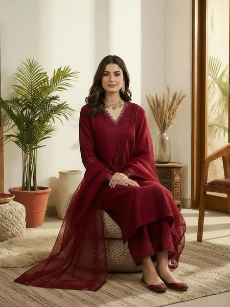 Premium Silk Blend Ethnic Suit Set With Organza Dupatta