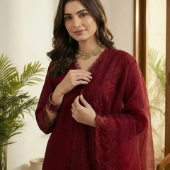 Premium Silk Blend Ethnic Suit Set With Organza Dupatta