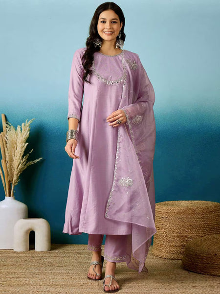 Women's Silk Blend Anarkali Gown with Embroidered Work & Soft Organza Dupatta