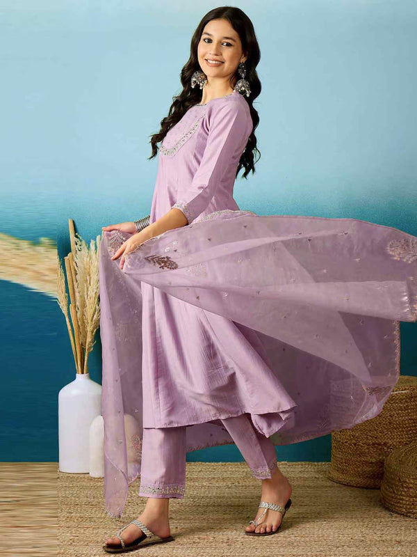 Women's Silk Blend Anarkali Gown with Embroidered Work & Soft Organza Dupatta