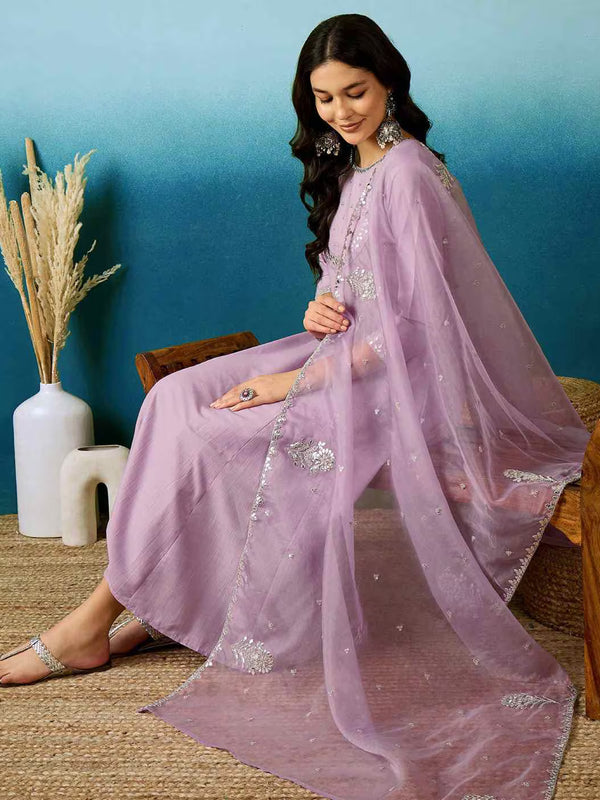 Women's Silk Blend Anarkali Gown with Embroidered Work & Soft Organza Dupatta