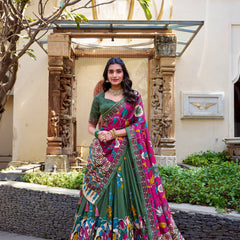 Women's Tusser Silk Floral Print Lehenga Choli with Foil Work & Gotta Patti Dupatta