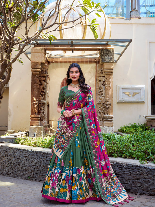 Women's Tusser Silk Floral Print Lehenga Choli with Foil Work & Gotta Patti Dupatta