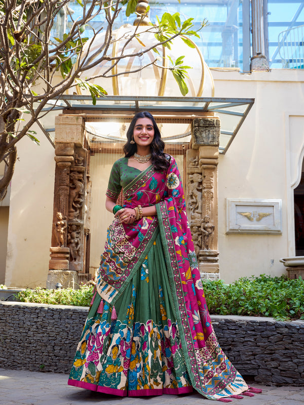 Women's Tusser Silk Floral Print Lehenga Choli with Foil Work & Gotta Patti Dupatta