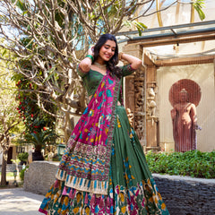 Women's Tusser Silk Floral Print Lehenga Choli with Foil Work & Gotta Patti Dupatta