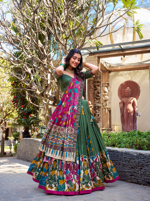 Women's Tusser Silk Floral Print Lehenga Choli with Foil Work & Gotta Patti Dupatta