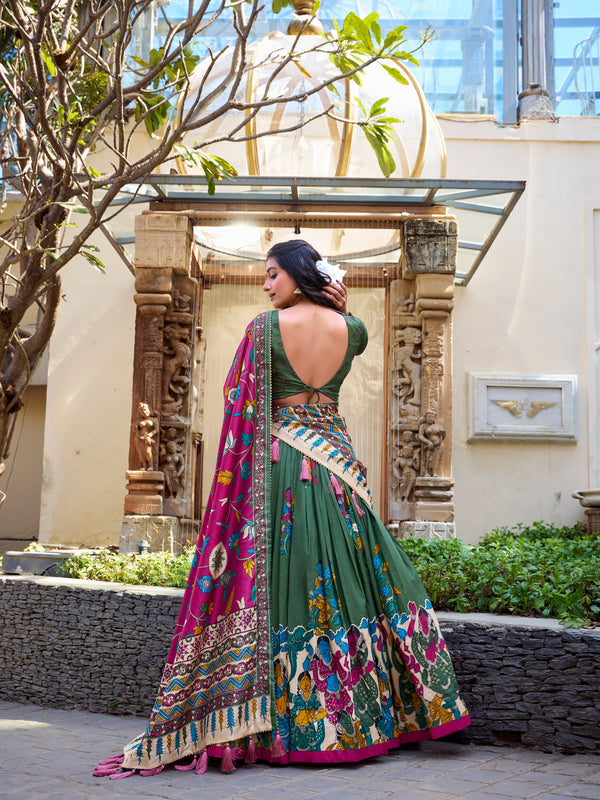 Women's Tusser Silk Floral Print Lehenga Choli with Foil Work & Gotta Patti Dupatta